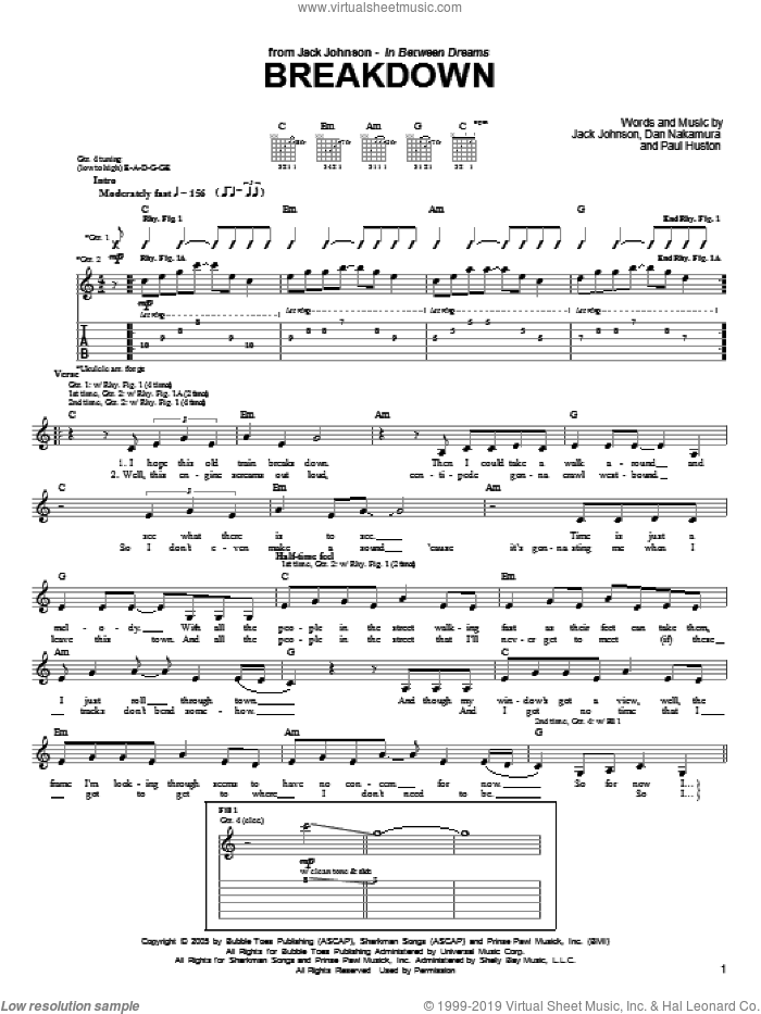 Breakdown sheet music for guitar (tablature) by Jack Johnson, Dan Nakamura and Paul Huston, intermediate skill level