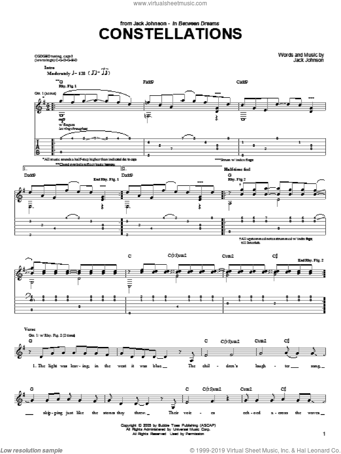 Constellations sheet music for guitar (tablature) by Jack Johnson, intermediate skill level