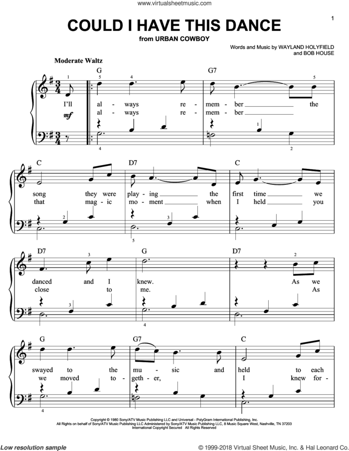 Could I Have This Dance, (beginner) sheet music for piano solo by Anne Murray, Bob House and Wayland Holyfield, wedding score, beginner skill level