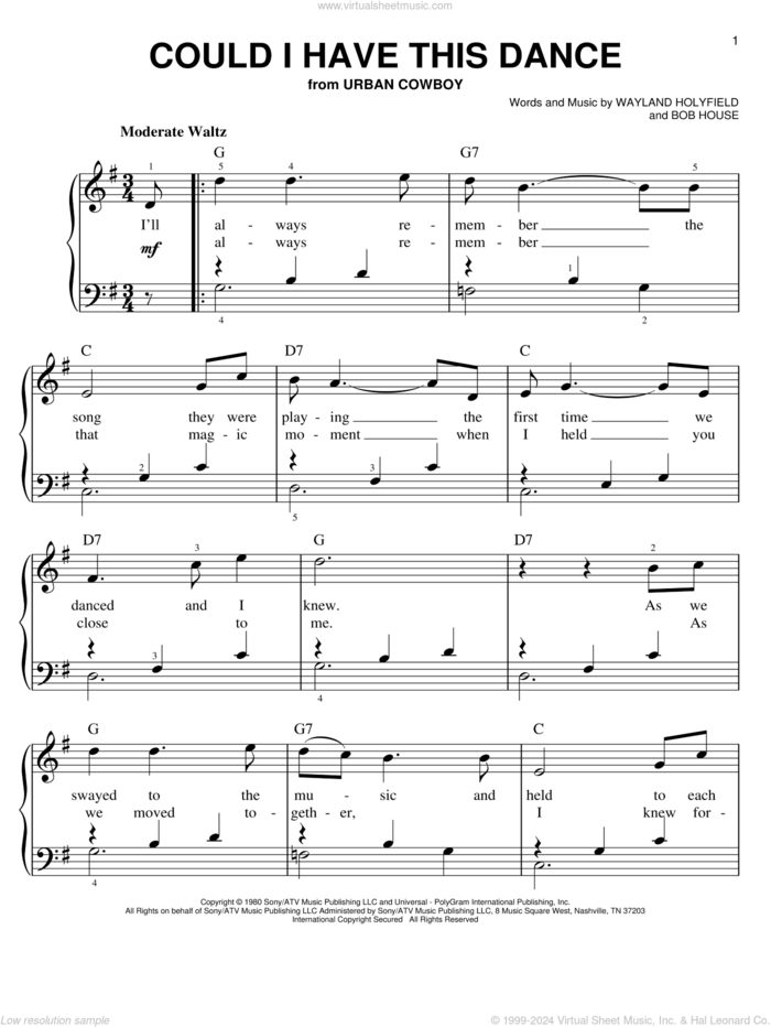 Could I Have This Dance, (beginner) sheet music for piano solo by Anne Murray, Bob House and Wayland Holyfield, wedding score, beginner skill level