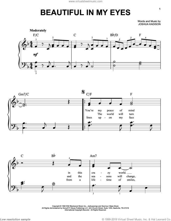 Beautiful In My Eyes sheet music for piano solo by Joshua Kadison, wedding score, easy skill level