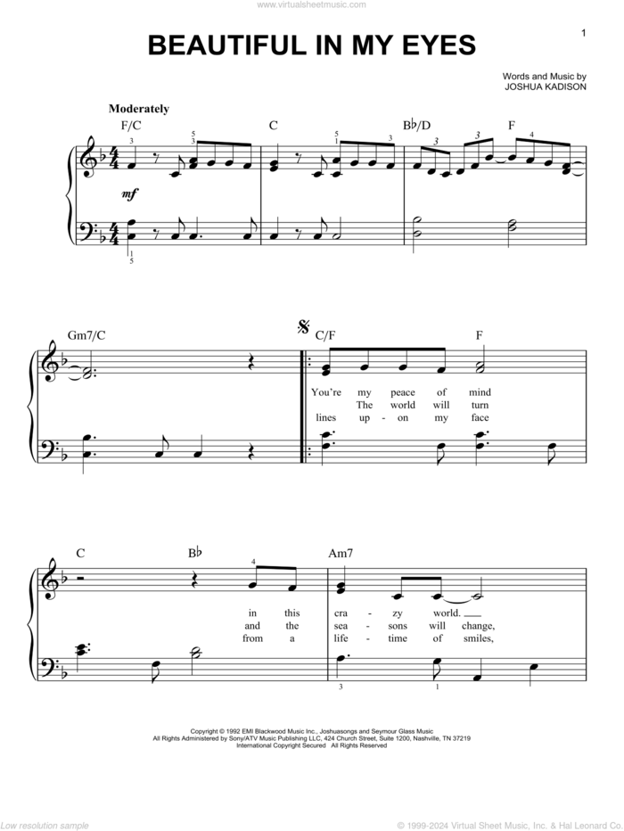 Beautiful In My Eyes sheet music for piano solo by Joshua Kadison, wedding score, easy skill level