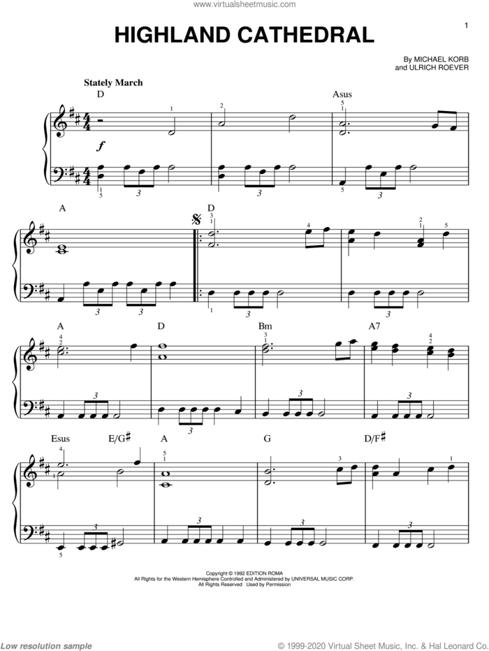 Highland Cathedral, (easy) sheet music for piano solo by Michael Korb and Ulrich Roever, wedding score, easy skill level