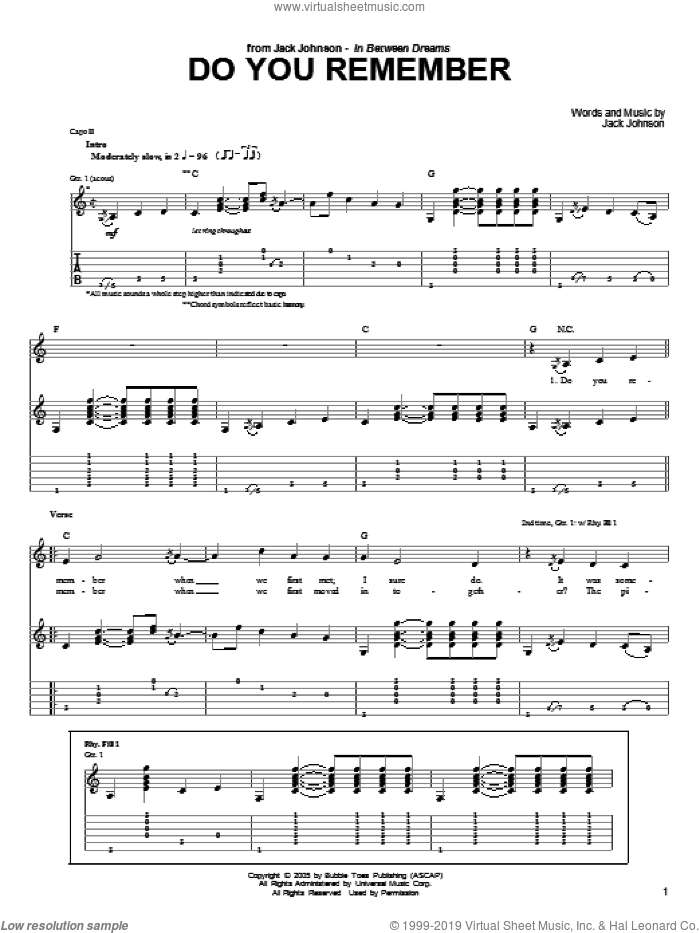 Do You Remember sheet music for guitar (tablature) by Jack Johnson, intermediate skill level