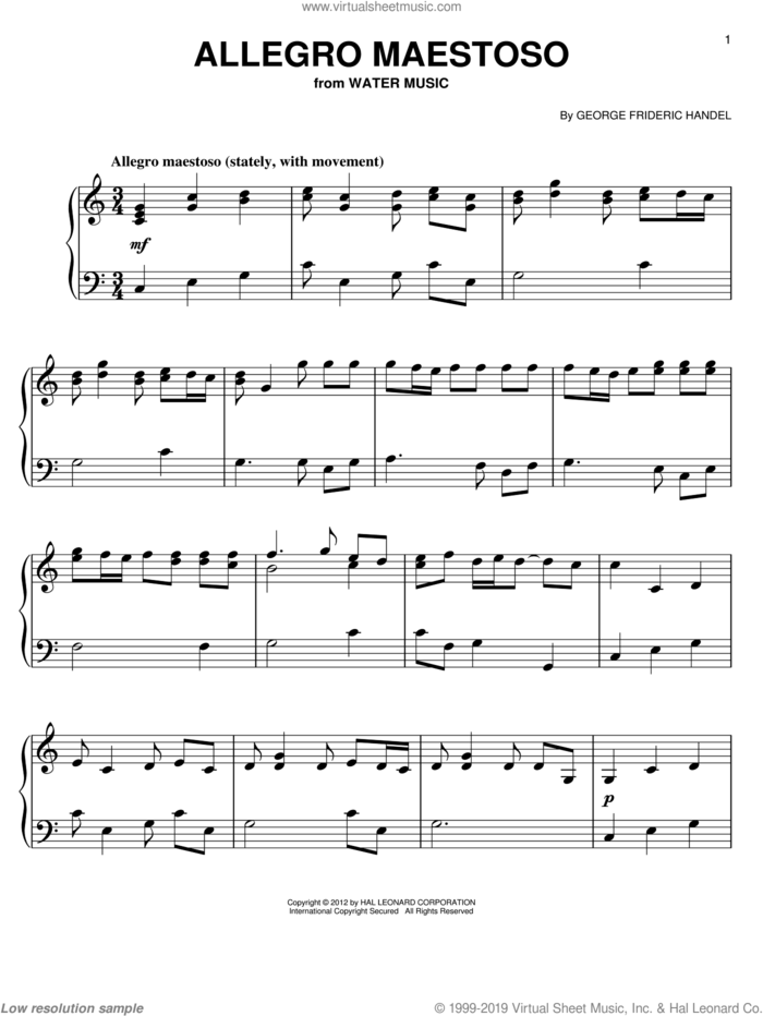 Allegro Maestoso, (easy) sheet music for piano solo by George Frideric Handel, classical wedding score, easy skill level