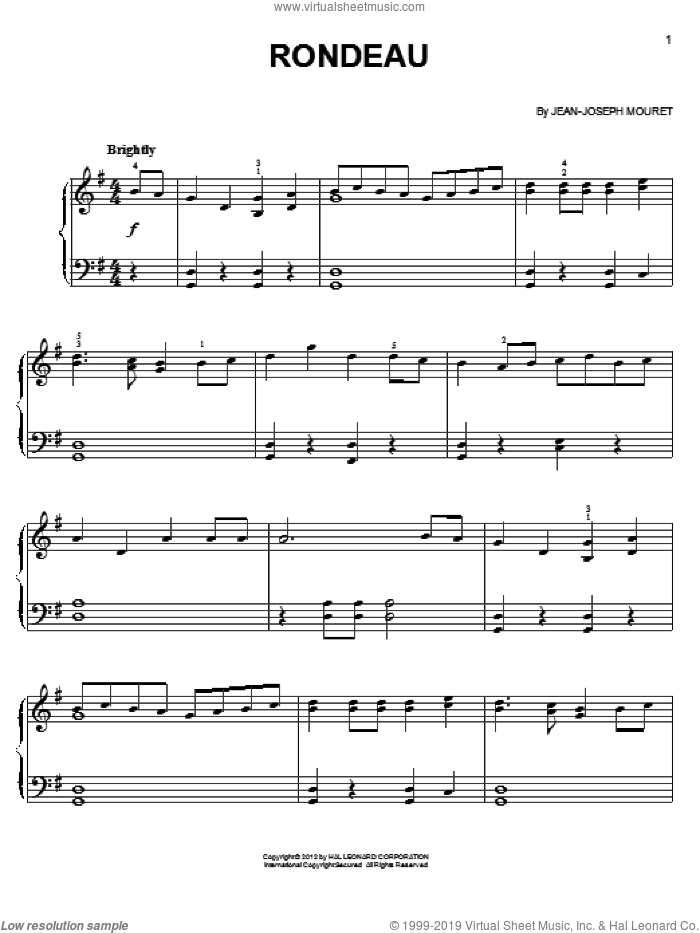 Rondeau, (easy) sheet music for piano solo by Jean-Joseph Mouret, classical wedding score, easy skill level