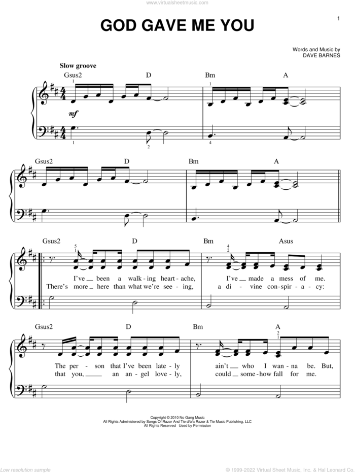 God Gave Me You sheet music for piano solo by Dave Barnes and Blake Shelton, wedding score, easy skill level