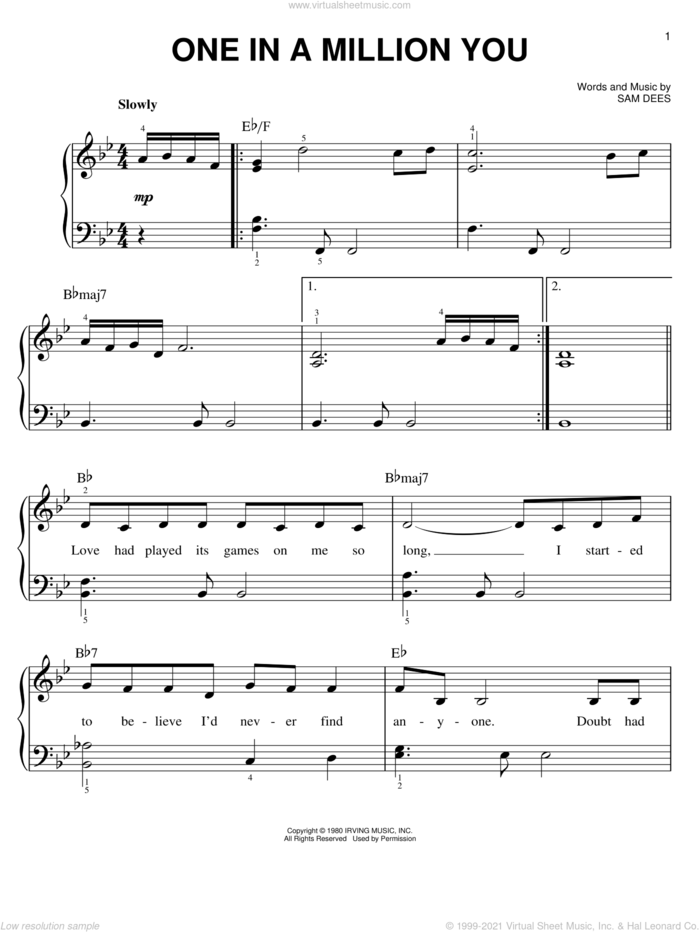 One In A Million You sheet music for piano solo by Larry Graham and Sam Dees, wedding score, easy skill level