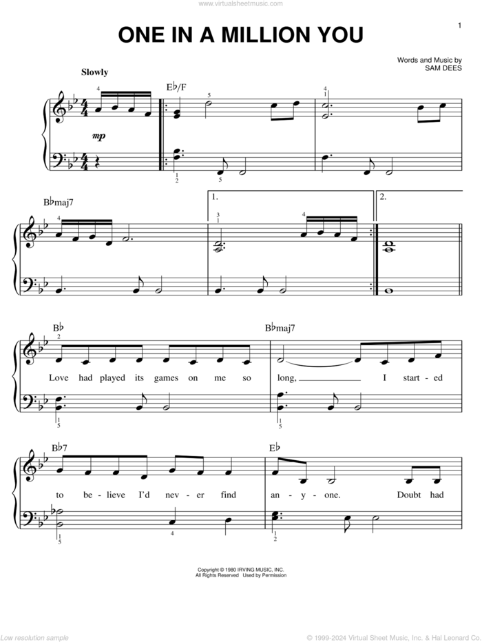 One In A Million You sheet music for piano solo by Larry Graham and Sam Dees, wedding score, easy skill level