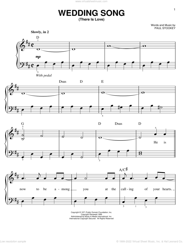 Wedding Song (There Is Love), (easy) sheet music for piano solo by Peter, Paul & Mary, Petula Clark and Paul Stookey, wedding score, easy skill level