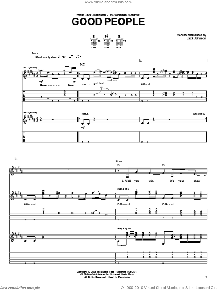 Good People sheet music for guitar (tablature) by Jack Johnson, intermediate skill level
