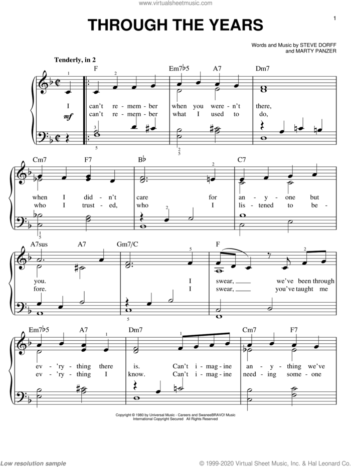 Through The Years, (easy) sheet music for piano solo by Kenny Rogers, Marty Panzer and Steve Dorff, wedding score, easy skill level