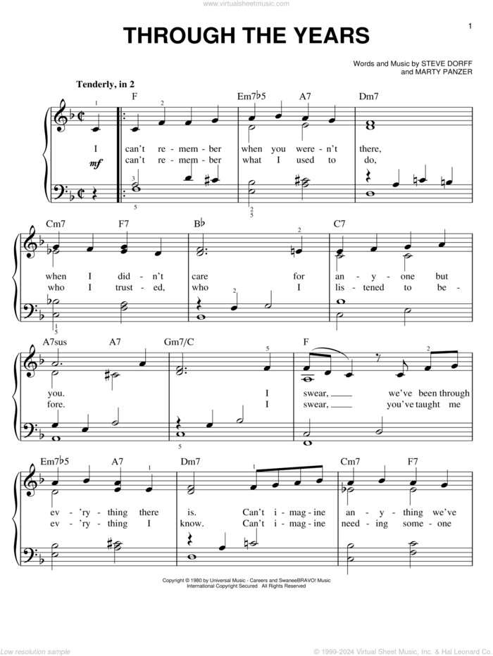 Through The Years, (easy) sheet music for piano solo by Kenny Rogers, Marty Panzer and Steve Dorff, wedding score, easy skill level