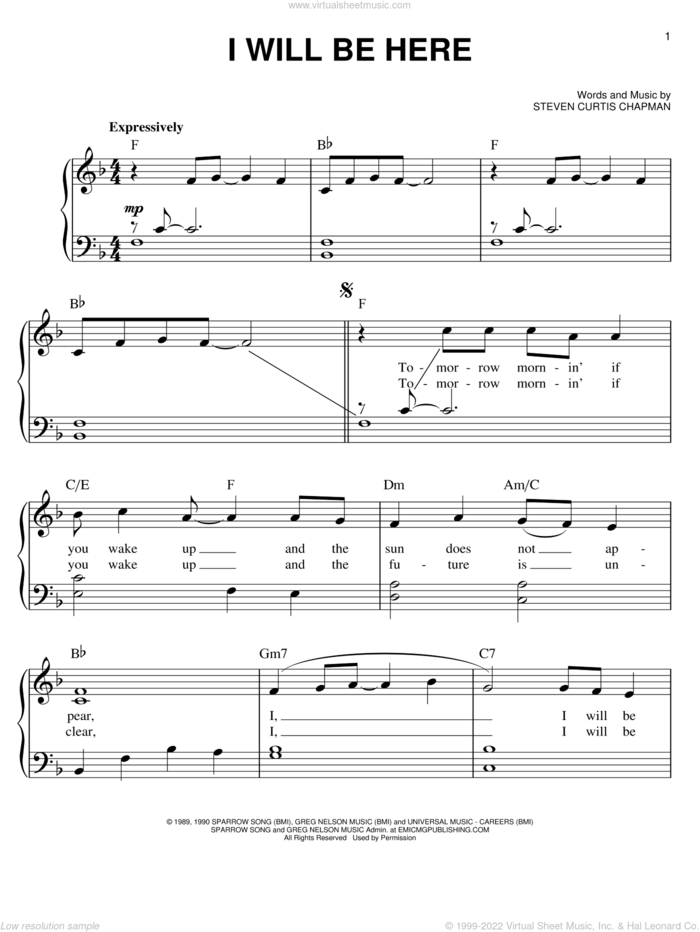 I Will Be Here, (easy) sheet music for piano solo by Steven Curtis Chapman, wedding score, easy skill level