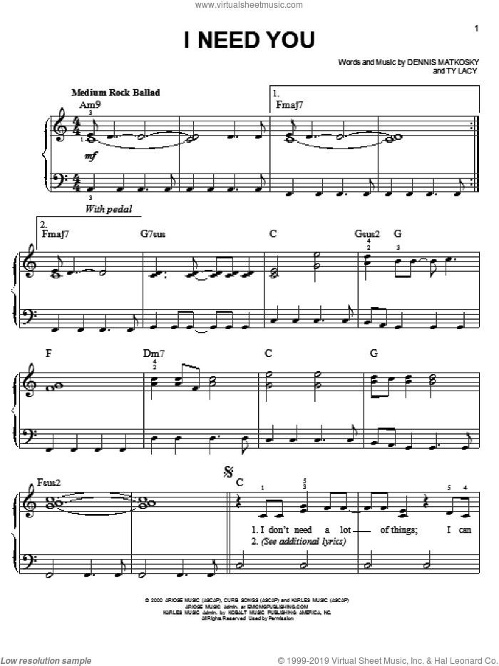 I Need You sheet music for piano solo by LeAnn Rimes, Dennis Matkosky and Ty Lacy, wedding score, easy skill level
