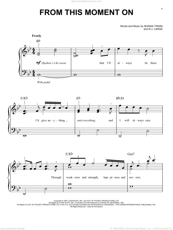 From This Moment On, (easy) sheet music for piano solo by Shania Twain and Robert John Lange, wedding score, easy skill level