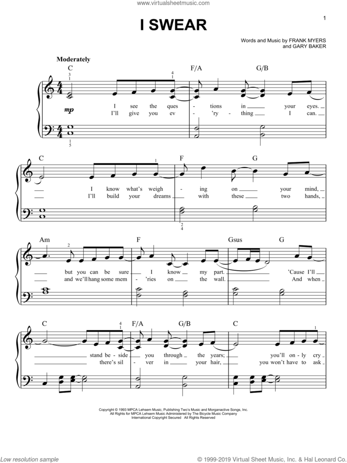 I Swear sheet music for piano solo by John Michael Montgomery, All-4-One, Frank Myers and Gary Baker, wedding score, easy skill level