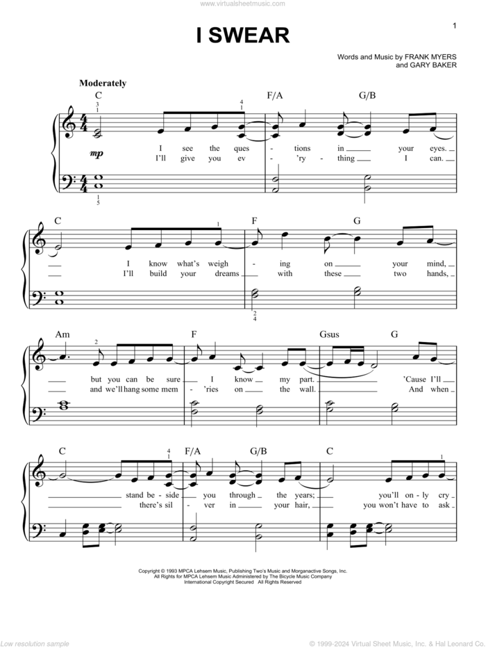 I Swear, (easy) sheet music for piano solo by John Michael Montgomery, All-4-One, Frank Myers and Gary Baker, wedding score, easy skill level