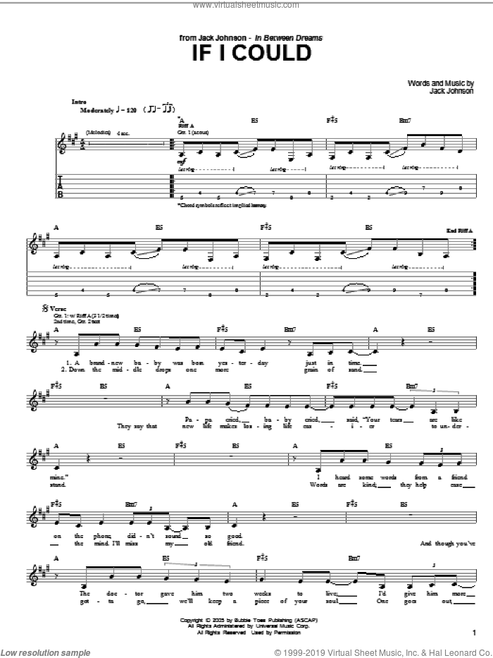 If I Could sheet music for guitar (tablature) by Jack Johnson, intermediate skill level