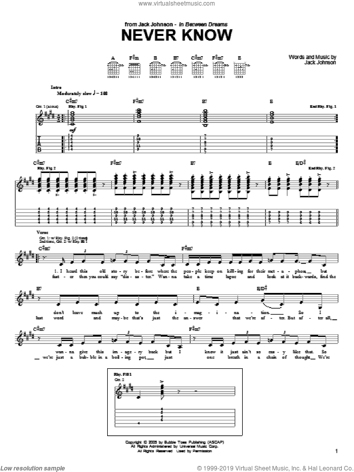Never Know sheet music for guitar (tablature) by Jack Johnson, intermediate skill level