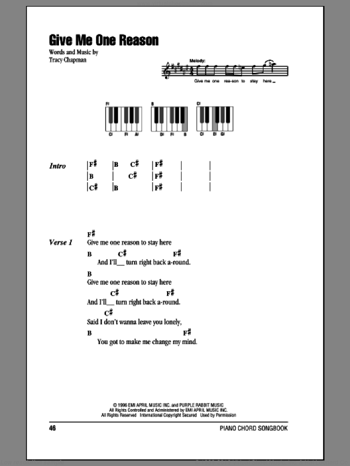 Give Me One Reason sheet music for piano solo (chords, lyrics, melody) by Tracy Chapman, intermediate piano (chords, lyrics, melody)
