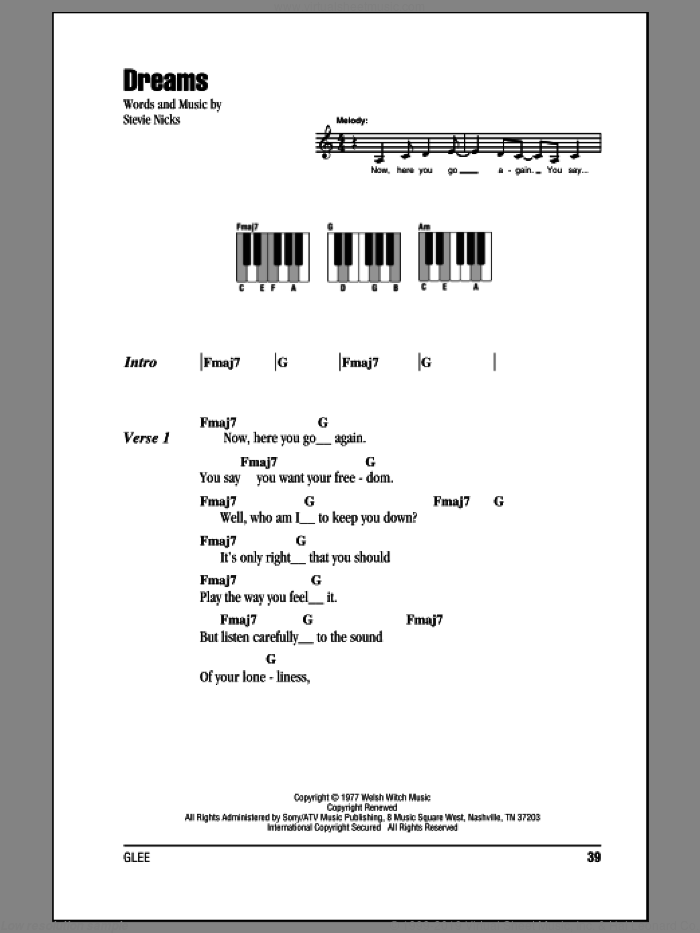 Dreams sheet music for piano solo (chords, lyrics, melody) by Fleetwood Mac and Stevie Nicks, intermediate piano (chords, lyrics, melody)