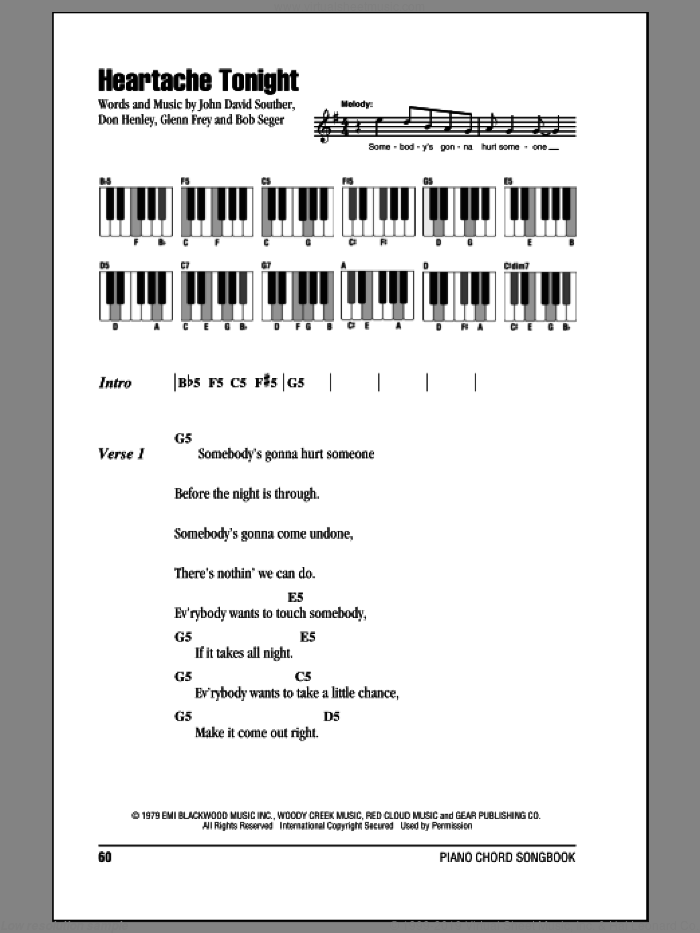 Heartache Tonight sheet music for piano solo (chords, lyrics, melody) by Bob Seger, The Eagles, Don Henley, Glenn Frey and John David Souther, intermediate piano (chords, lyrics, melody)