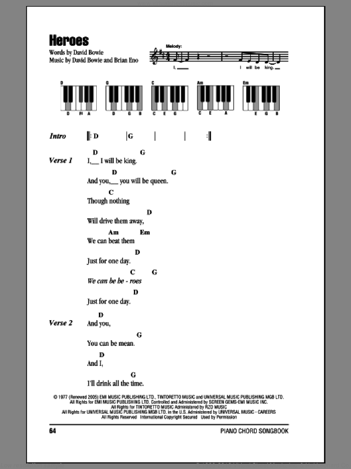 Heroes sheet music for piano solo (chords, lyrics, melody) by David Bowie and Brian Eno, intermediate piano (chords, lyrics, melody)