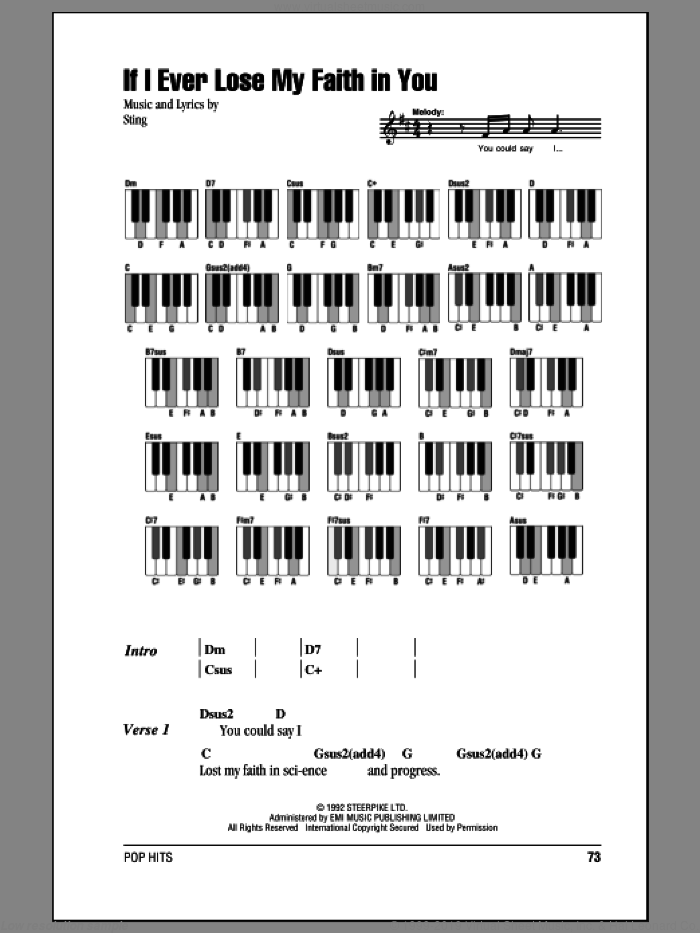 If I Ever Lose My Faith In You sheet music for piano solo (chords, lyrics, melody) by Sting, intermediate piano (chords, lyrics, melody)