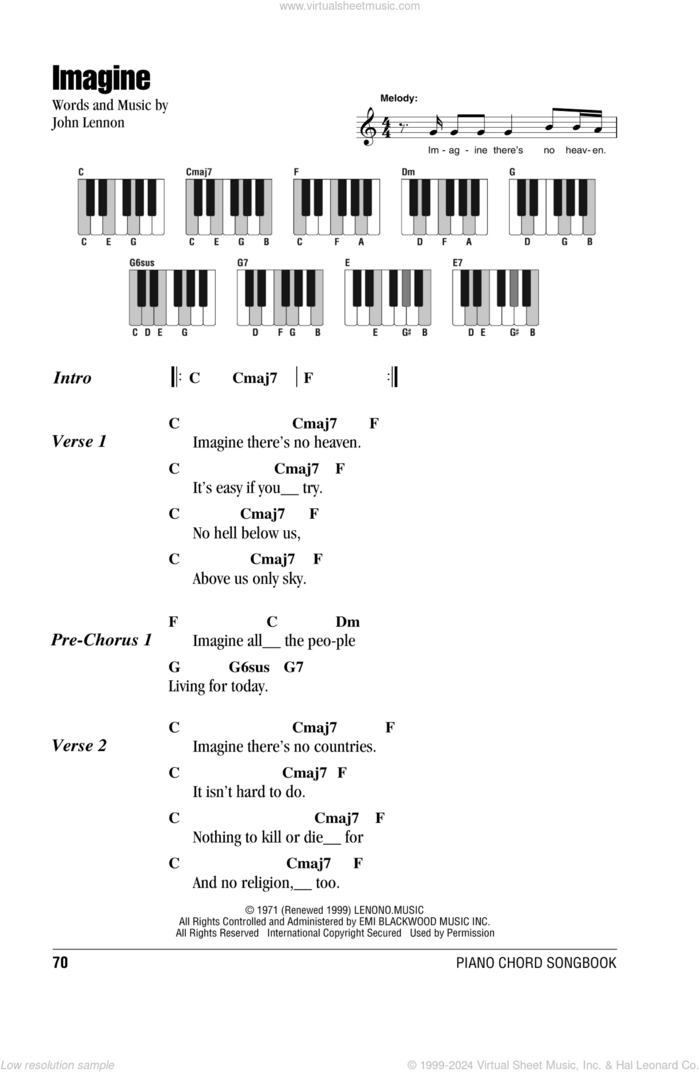 Imagine sheet music for piano solo (chords, lyrics, melody) by John Lennon, intermediate piano (chords, lyrics, melody)