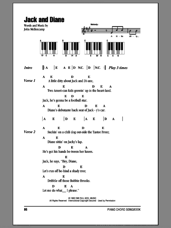 Jack And Diane sheet music for piano solo (chords, lyrics, melody) by John Mellencamp, intermediate piano (chords, lyrics, melody)