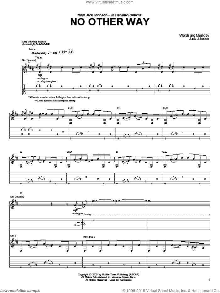 No Other Way sheet music for guitar (tablature) by Jack Johnson, intermediate skill level