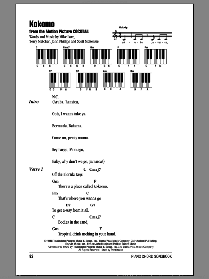 Kokomo sheet music for piano solo (chords, lyrics, melody) by The Beach Boys, John Phillips, Mike Love, Scott McKenzie and Terry Melcher, intermediate piano (chords, lyrics, melody)