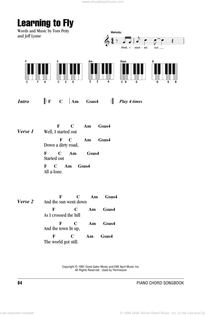 Learning To Fly sheet music for piano solo (chords, lyrics, melody) by Tom Petty And The Heartbreakers and Jeff Lynne, intermediate piano (chords, lyrics, melody)