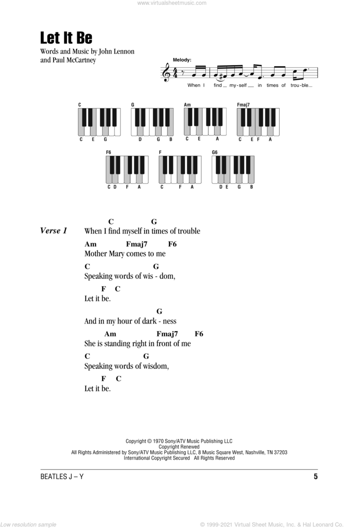 Let It Be sheet music for piano solo (chords, lyrics, melody) by The Beatles, John Lennon and Paul McCartney, intermediate piano (chords, lyrics, melody)