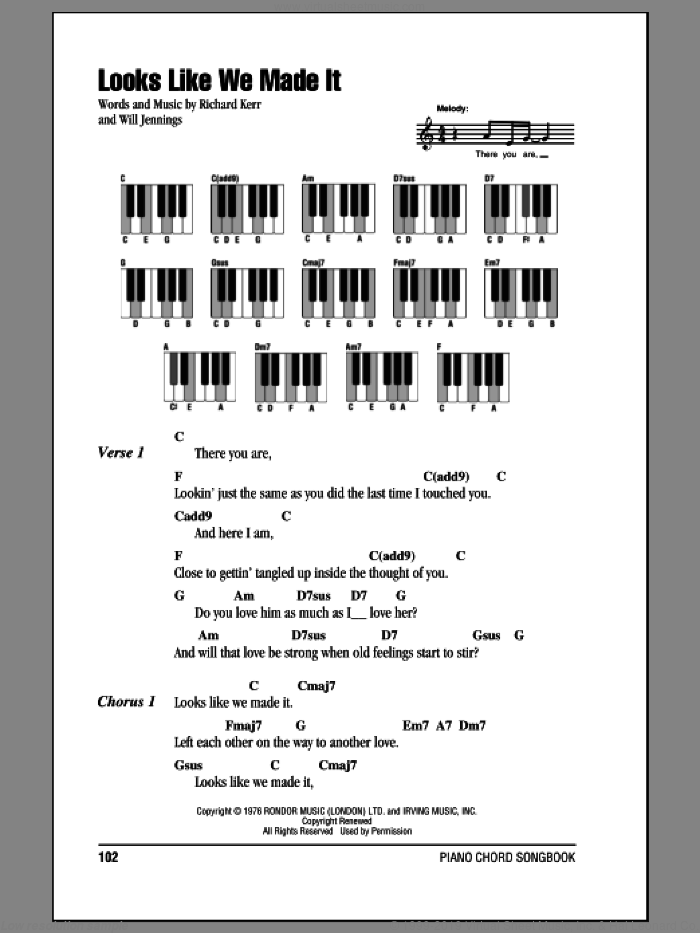 Looks Like We Made It sheet music for piano solo (chords, lyrics, melody) by Barry Manilow, Richard Kerr and Will Jennings, intermediate piano (chords, lyrics, melody)