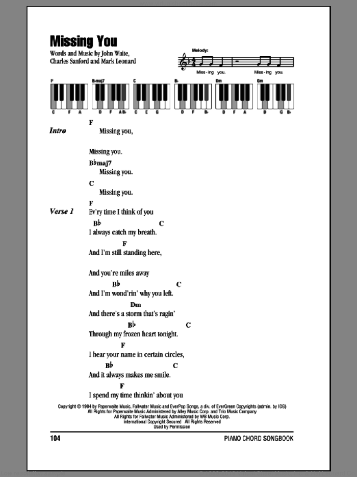 Missing You sheet music for piano solo (chords, lyrics, melody) by John Waite, Charles Sanford and Mark Leonard, intermediate piano (chords, lyrics, melody)
