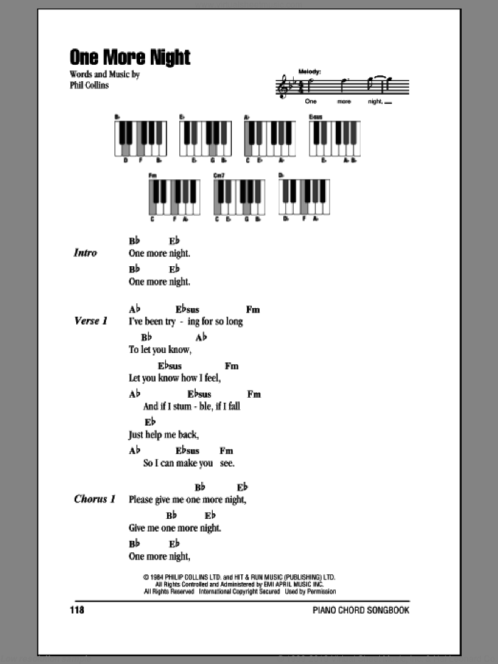 One More Night sheet music for piano solo (chords, lyrics, melody) by Phil Collins, intermediate piano (chords, lyrics, melody)