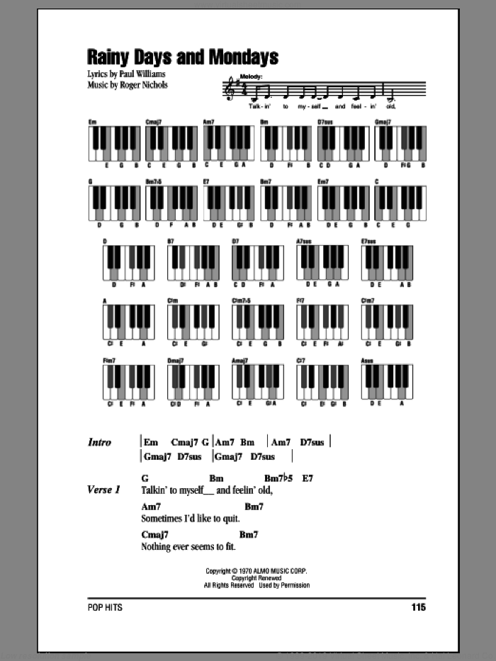 Rainy Days And Mondays sheet music for piano solo (chords, lyrics, melody) by Carpenters, Paul Williams and Roger Nichols, intermediate piano (chords, lyrics, melody)