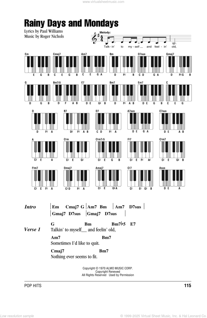 Rainy Days And Mondays sheet music for piano solo (chords, lyrics, melody) by Carpenters, Paul Williams and Roger Nichols, intermediate piano (chords, lyrics, melody)