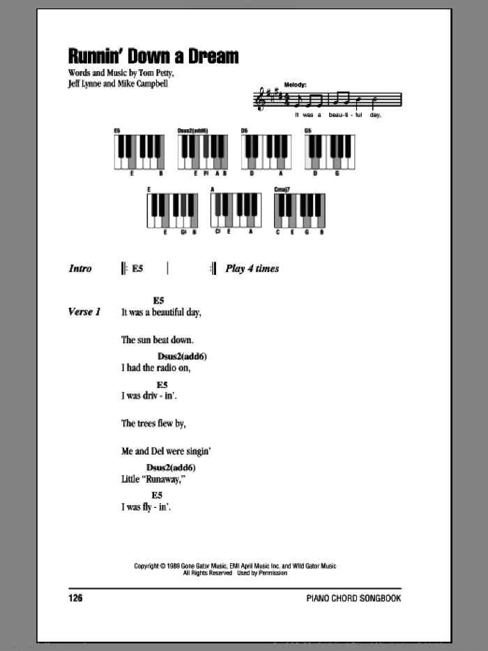 Runnin' Down A Dream sheet music for piano solo (chords, lyrics, melody) by Tom Petty, Jeff Lynne and Mike Campbell, intermediate piano (chords, lyrics, melody)