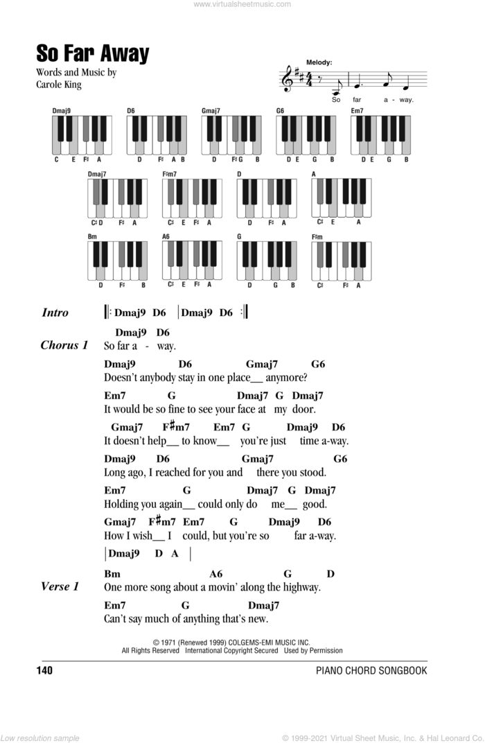 So Far Away sheet music for piano solo (chords, lyrics, melody) by Carole King, intermediate piano (chords, lyrics, melody)