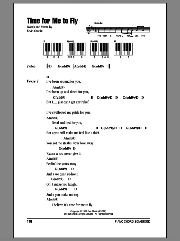 Time For Me To Fly sheet music for piano solo (chords, lyrics, melody) by REO Speedwagon and Kevin Cronin, intermediate piano (chords, lyrics, melody)