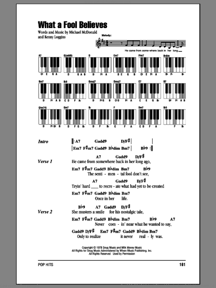What A Fool Believes sheet music for piano solo (chords, lyrics, melody) by The Doobie Brothers, Kenny Loggins and Michael McDonald, intermediate piano (chords, lyrics, melody)