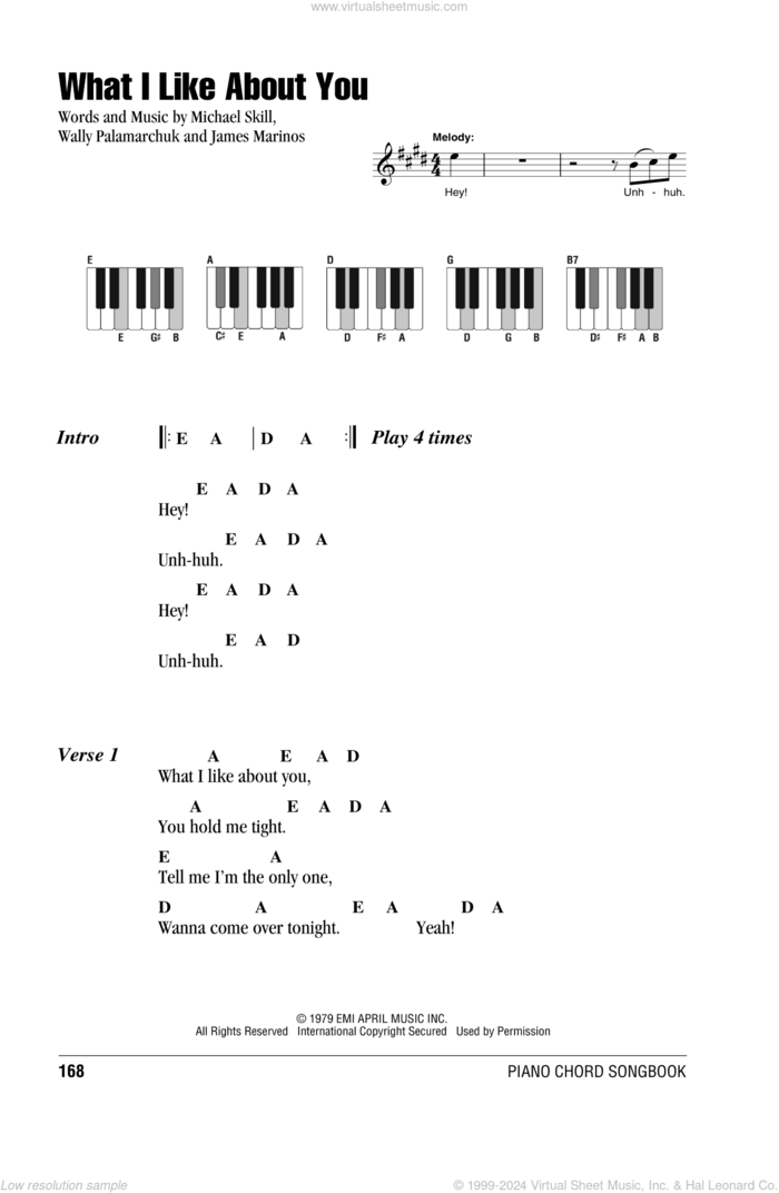 What I Like About You sheet music for piano solo (chords, lyrics, melody) by The Romantics, James Marinos, Michael Skill and Wally Palamarchuk, intermediate piano (chords, lyrics, melody)