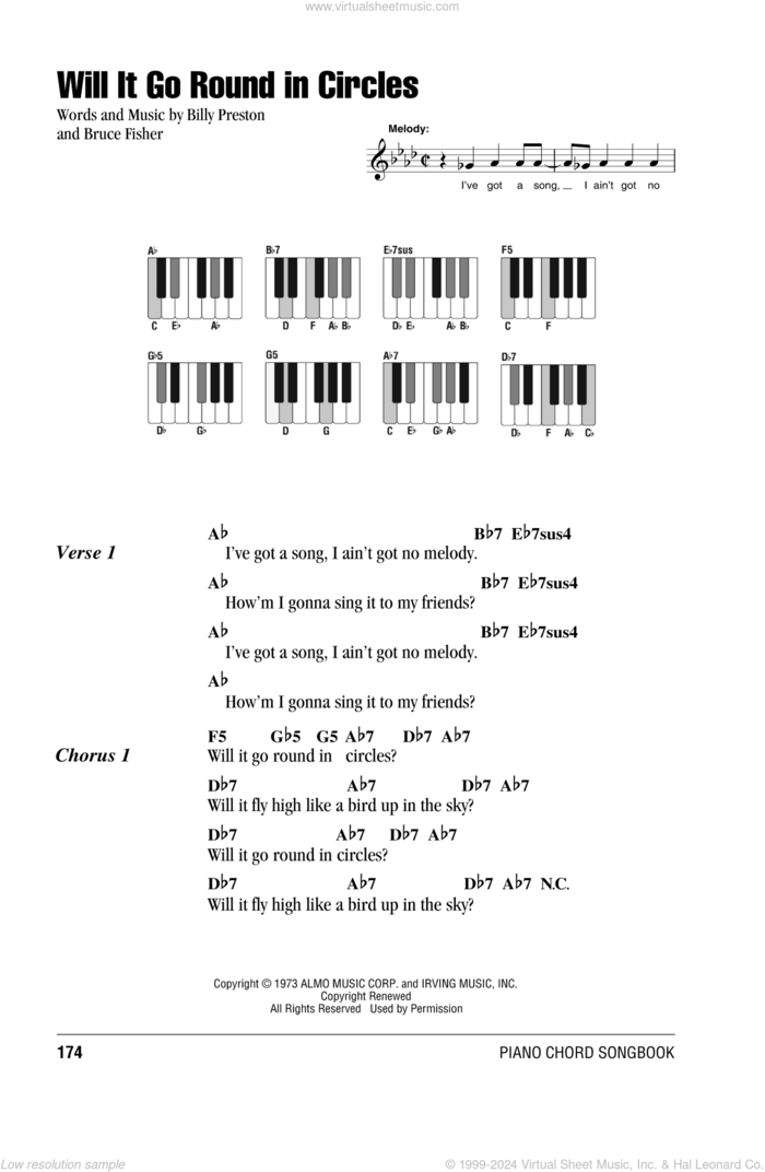 Will It Go Round In Circles sheet music for piano solo (chords, lyrics, melody) by Billy Preston and Bruce Fisher, intermediate piano (chords, lyrics, melody)