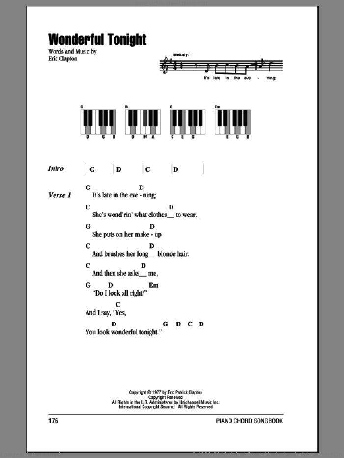 Wonderful Tonight sheet music for piano solo (chords, lyrics, melody) by Eric Clapton, wedding score, intermediate piano (chords, lyrics, melody)