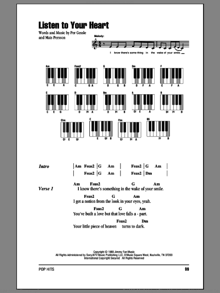Listen To Your Heart sheet music for piano solo (chords, lyrics, melody) by DHT, D.H.T., Mats Persson and Per Gessle, intermediate piano (chords, lyrics, melody)