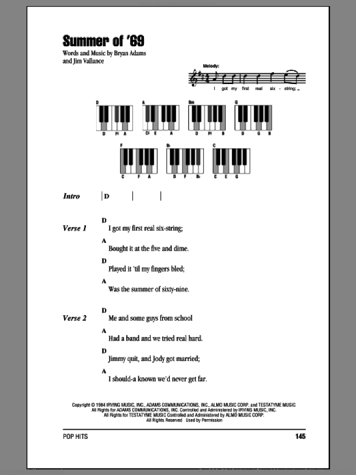 Summer Of '69 sheet music for piano solo (chords, lyrics, melody) by Bryan Adams and Jim Vallance, intermediate piano (chords, lyrics, melody)