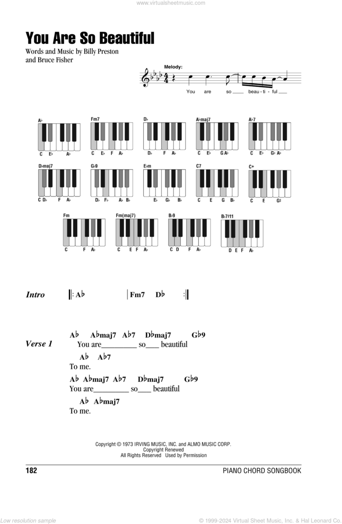 You Are So Beautiful sheet music for piano solo (chords, lyrics, melody) by Joe Cocker, Billy Preston and Bruce Fisher, intermediate piano (chords, lyrics, melody)